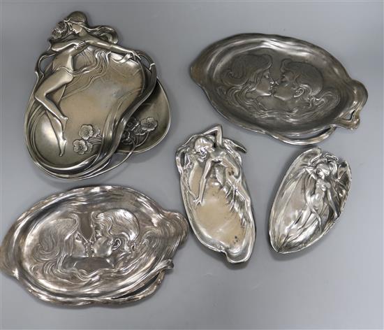 A pair of WMF Art Nouveau dishes and three other similar dishes (5) one reproduction